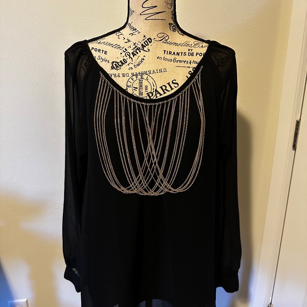 Womens Black Sheer Blouse with Gold Accessory